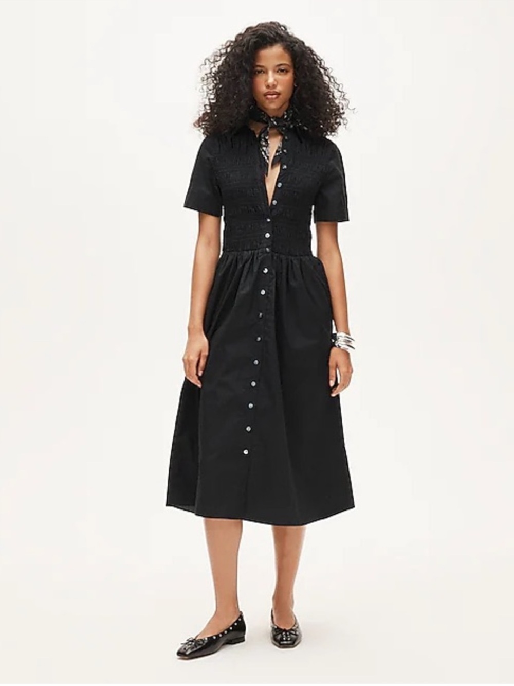 NWT J Crew Elsie Poplin Smocked Shirt Dress XS Black Midi Cottagecore Farmhouse